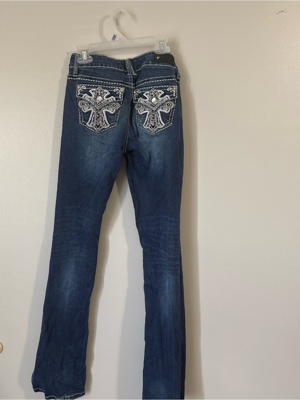 Antique Rivet Dark Blue Skinny Jeans with Embroidered Cross Back Pockets
